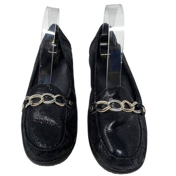 Vionic Womens Alda Black Snake Leather Slip On Loafers 8 Ortho Heel Comfort Sz 8 - Picture 1 of 7